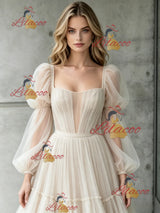 Ivory Tulle Long Sleeve Pleats Wedding Dress
