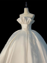 White Satin Strapless Appliques Wedding Dress