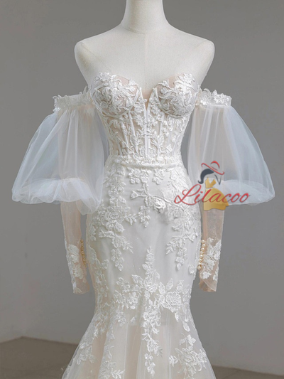 Mermaid Tulle Long Sleeve Appliques Wedding Dress