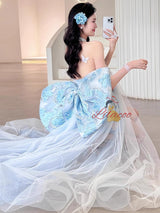 Blue Tulle Halter Bow Prom Dress
