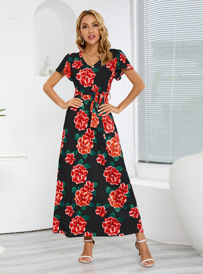 Short-sleeved V-neck Rose Print Dress