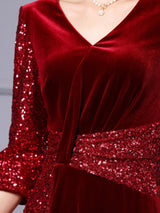Burgundy Velvet Sequins Mother Of The Bride Dress