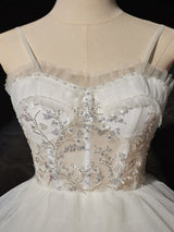 White Tulle Hi Lo Tiers Sequins Wedding Dress