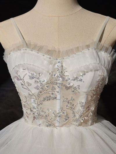 White Tulle Hi Lo Tiers Sequins Wedding Dress