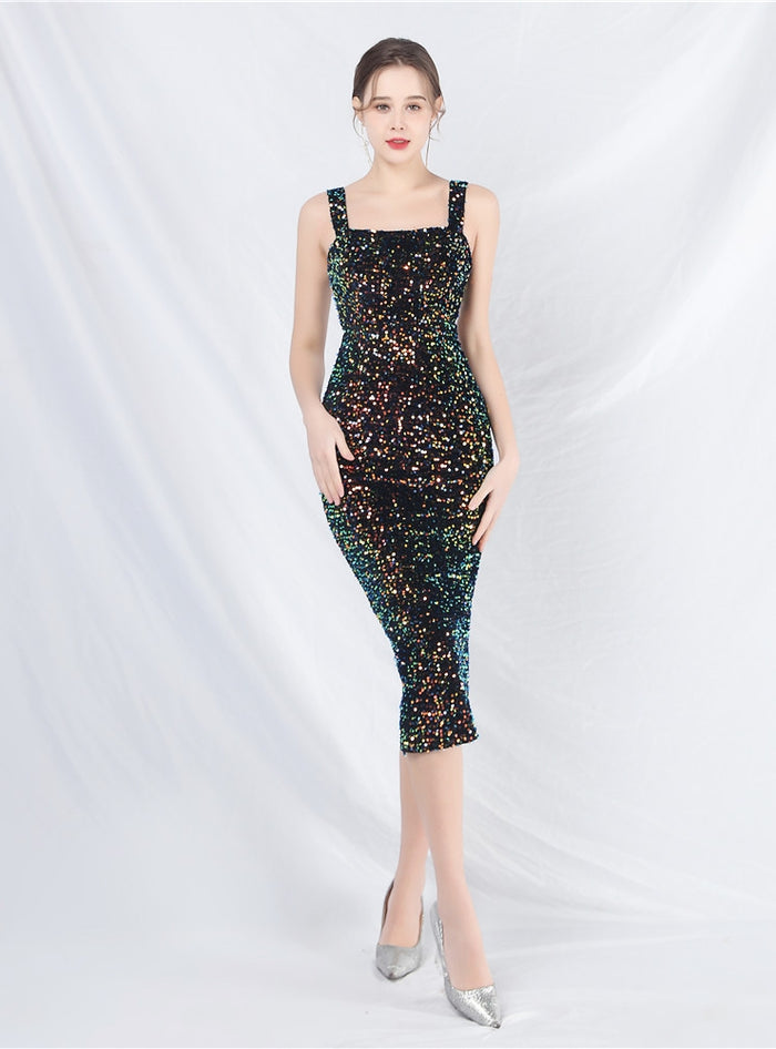 Sheath Sequins Straps Tea Length Prom Dress