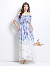 Off the Shoulder Ruffled Printed Chiffon Dress