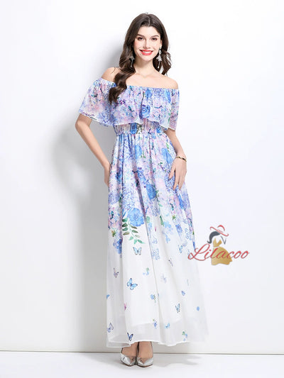 Off the Shoulder Ruffled Printed Chiffon Dress