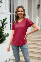 V-neck Spliced Hemmed Short Sleeve T-shirt