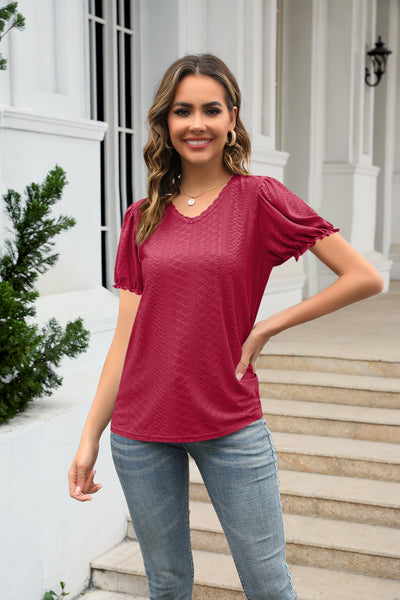 V-neck Spliced Hemmed Short Sleeve T-shirt