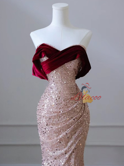 Mermaid Sequins Velvet Pleats Prom Dress