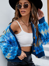 Retro Diamond Long Sleeve Knitted Coat