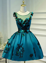 Blue Satin Appliques Homecoming Dress