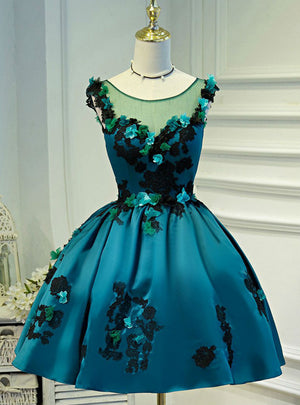 Blue Satin Appliques Homecoming Dress