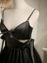 Black Tulle Satin Pearls Homecoming Dress