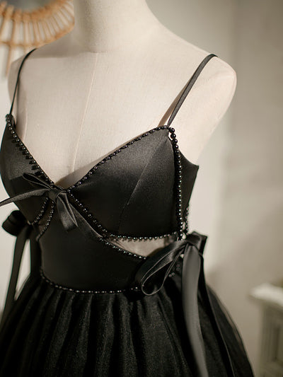 Black Tulle Satin Pearls Homecoming Dress