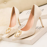 Thin High-heeled Pointed Satin Pearl Buckle Shoes
