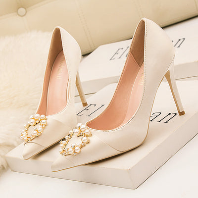 Thin High-heeled Pointed Satin Pearl Buckle Shoes