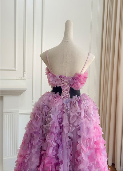 Pink Purple Tulle Flower Straps Prom Dress