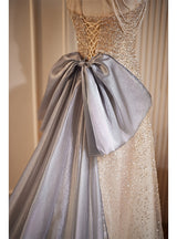 Champagne Sequins Halter Bow Prom Dress
