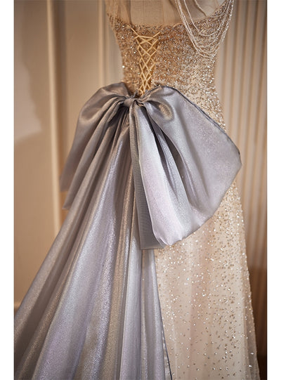 Champagne Sequins Halter Bow Prom Dress