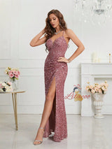 Pink Sequins V-neck Pleats Prom Dress