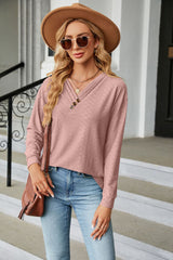 Solid Color V-neck Button Loose Long Sleeve T-shirt