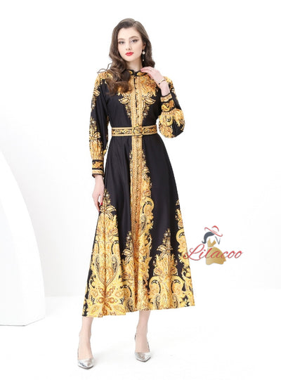 Retro National Print Slim Breasted Dress