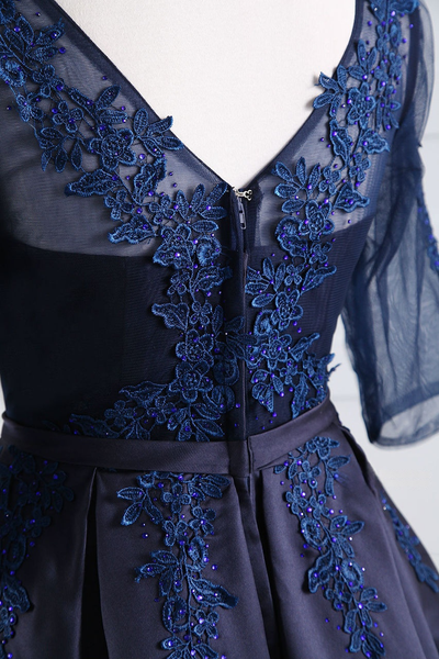 Navy Blue Satin Lace Short Sleeve Homecoming Dress
