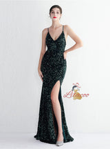 Spaghetti Straps Mermaid Sequins Split Prom Dress