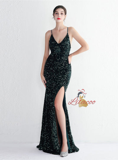 Spaghetti Straps Mermaid Sequins Split Prom Dress