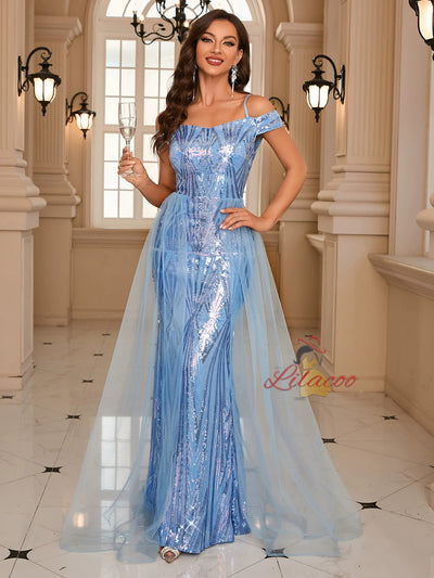 Blue Seuqins Tulle Straps Prom Dress