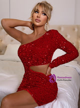 One Shoulder Long Sleeve Sequins Short Party Dress