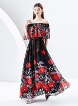 Irregular Diagonal Shoulder Chiffon Floral Dress