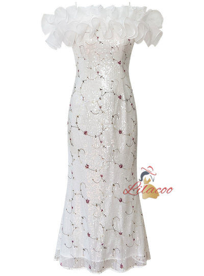 White Sequined Embroidered Fishtail Long Dress