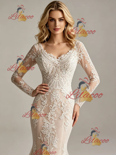 Champagne Mermaid Lace Long Sleeve Wedding Dress