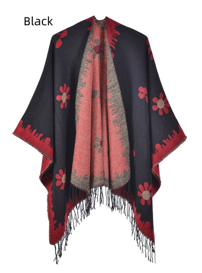 Flower Knit Cardigan Tassel Split Warm Cloak