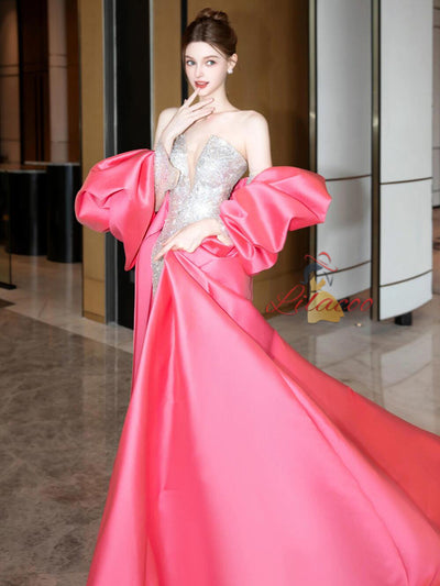 Mermaid Sequins Pink Satin Bow Prom Dress