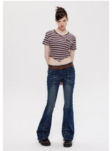 Short-sleeved Irregular V-neck Striped T-shirt