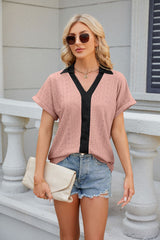 V-neck Contrast Short Sleeve Loose T-shirt