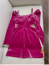 Fuchsia Long Sleeve Velvet Crystal Prom Dress