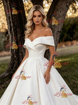 White Satin Off the Shoulder Wedding Dress