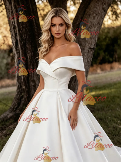 White Satin Off the Shoulder Wedding Dress