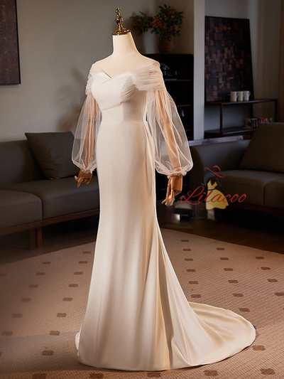Sexy White Mermaid Long Sleeve Pleats Wedding Dress