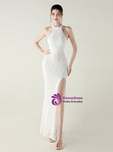 Halter Mermaid Sequins Backless Prom Dress