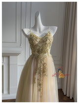 Champagne Tulle Straps Beading Prom Dress