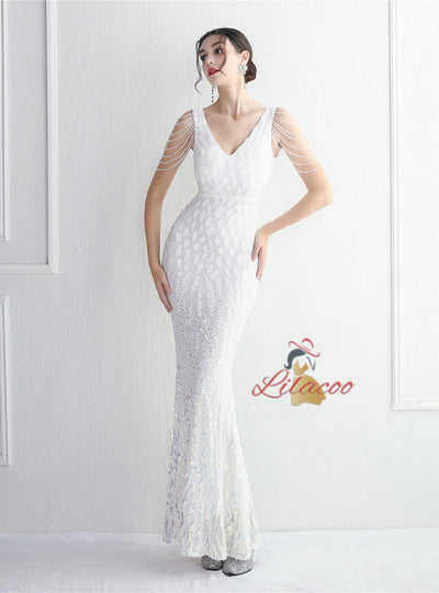 Sequins Mermaid V-neck Beading Prom Dress