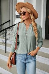 Solid Color V-neck Button Long Sleeve T-shirt