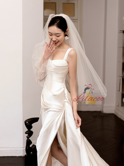 White Satin Straps Pleats Wedding Dress