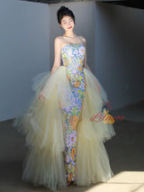 Mermaid Flower Sequins Strapless Tulle Prom Dress