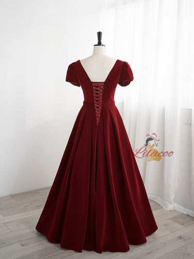 Burgundy Velvet Short Sleeve Bow Prom Dress